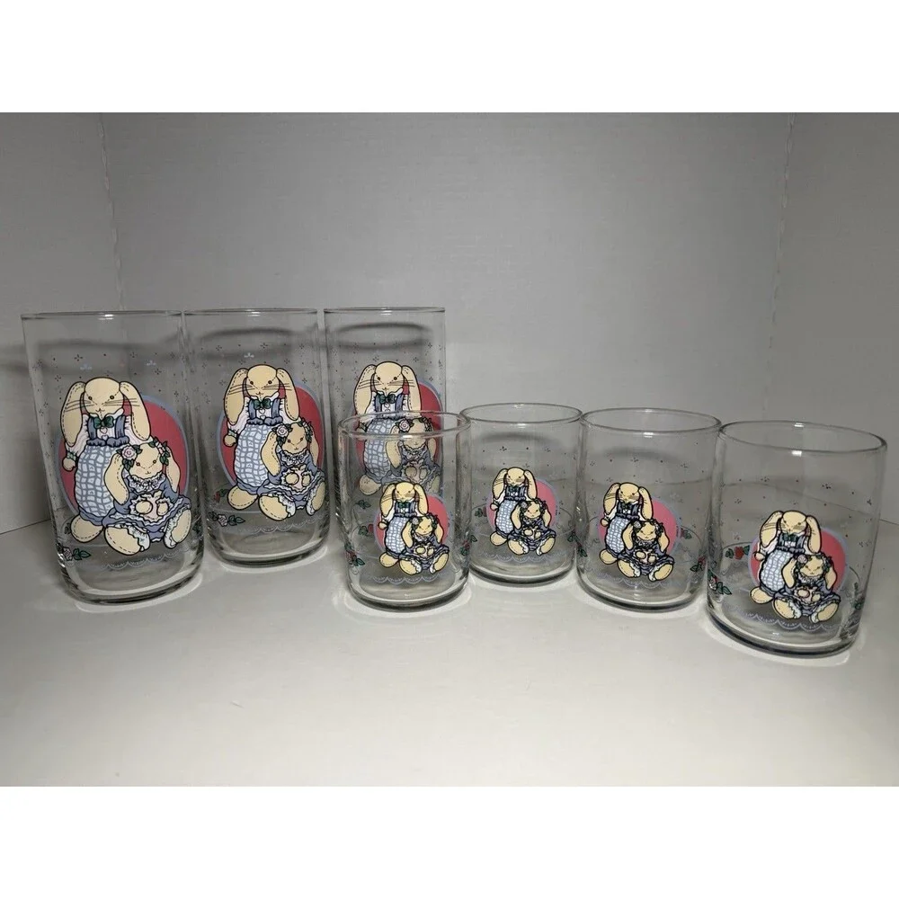 VTG‎ B&D Country Bunny Glass Tumblers Set of 7 - 1990s Cottagecore Rabbit Glass